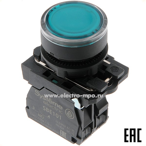 А5357. Выключатель кнопочный SB5AW33M1 зеленый 1з без фиксации c подсветкой 230В AC (Systeme Electric)