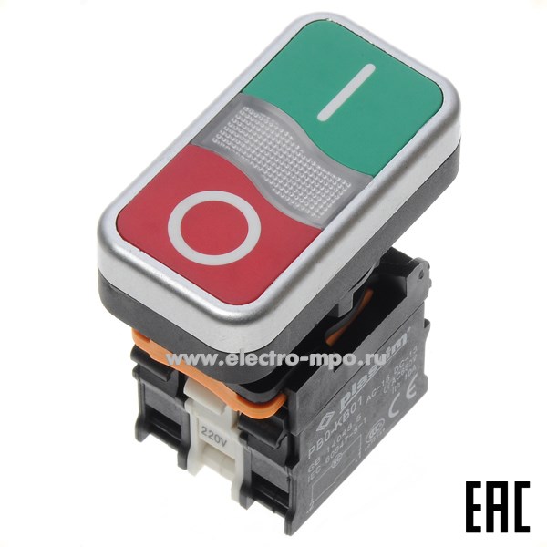 А5158. Выключатель кнопочный PB0-AW734M5 двойной красный/зеленый 1з+1р, с подсветкой 220В AC IP65 (Plastim