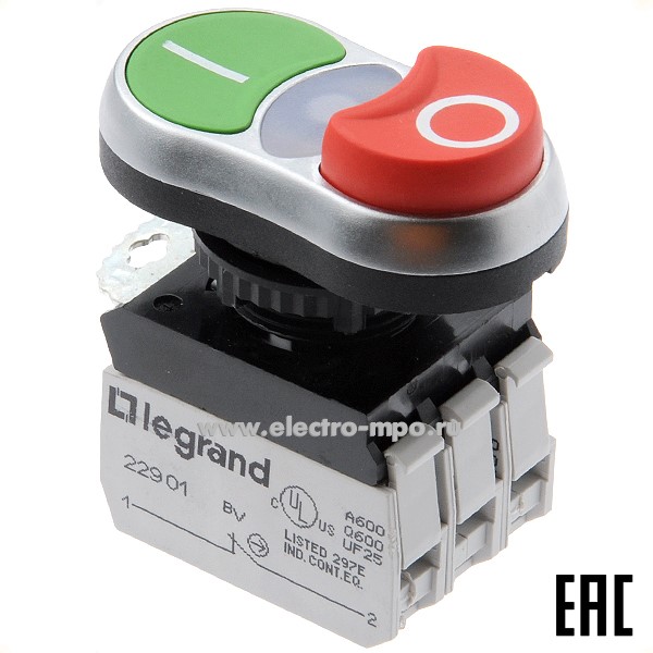 К9020. Выключатель кнопочный 023767 двойной зеленый/красный 1з+1р с подсветкой 230В (Legrand)