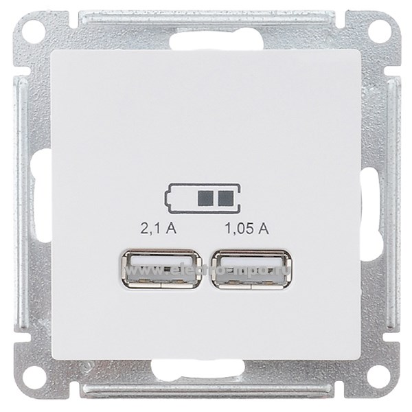 Ю4033. Механизм AtlasDesign ATN000133 зарядного устройства 2хUSB тип А 5В 2100мА с/п белый (Systeme)